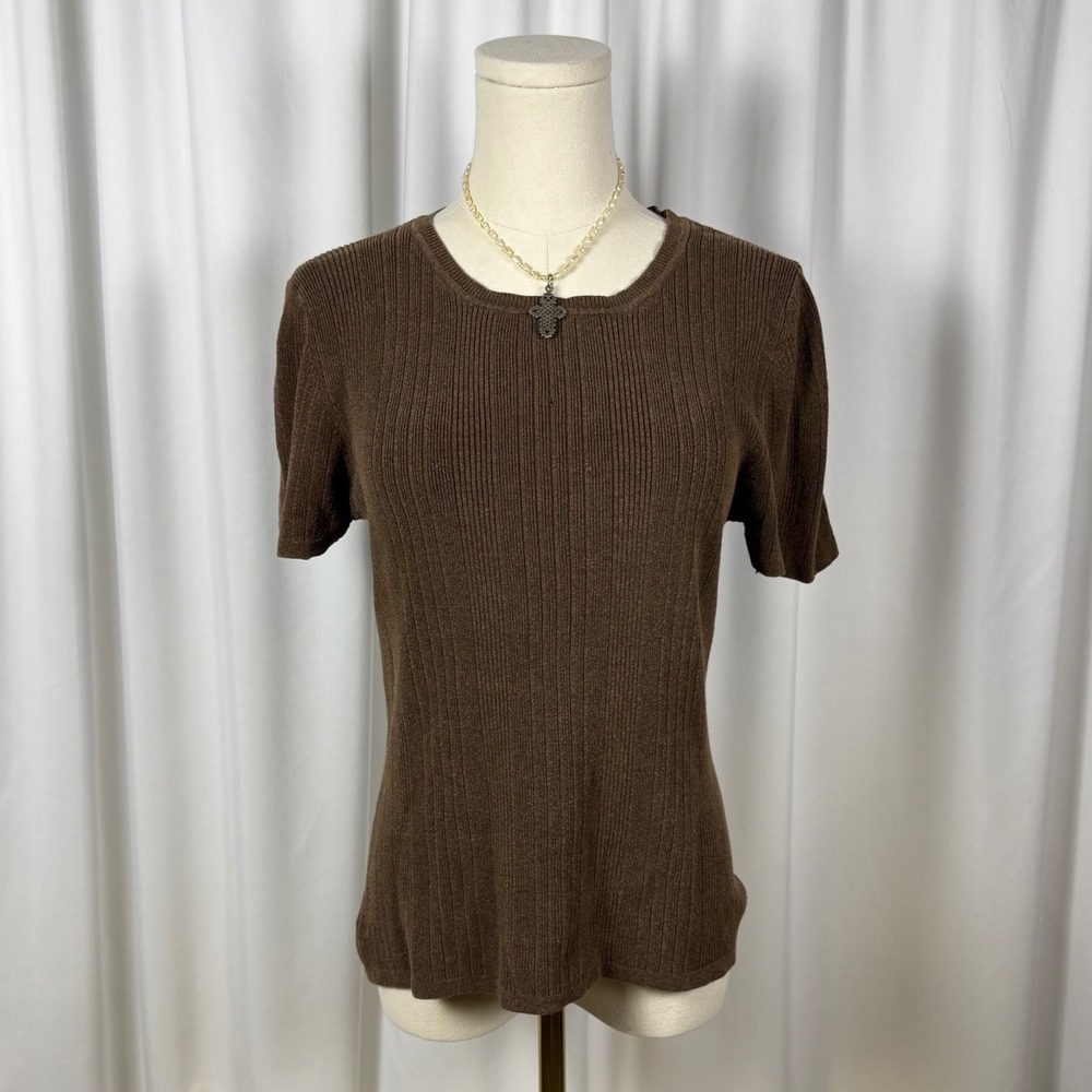 United States Sweaters Brown Silk Blend Ribbed Short Sleeve Knit Top Large
